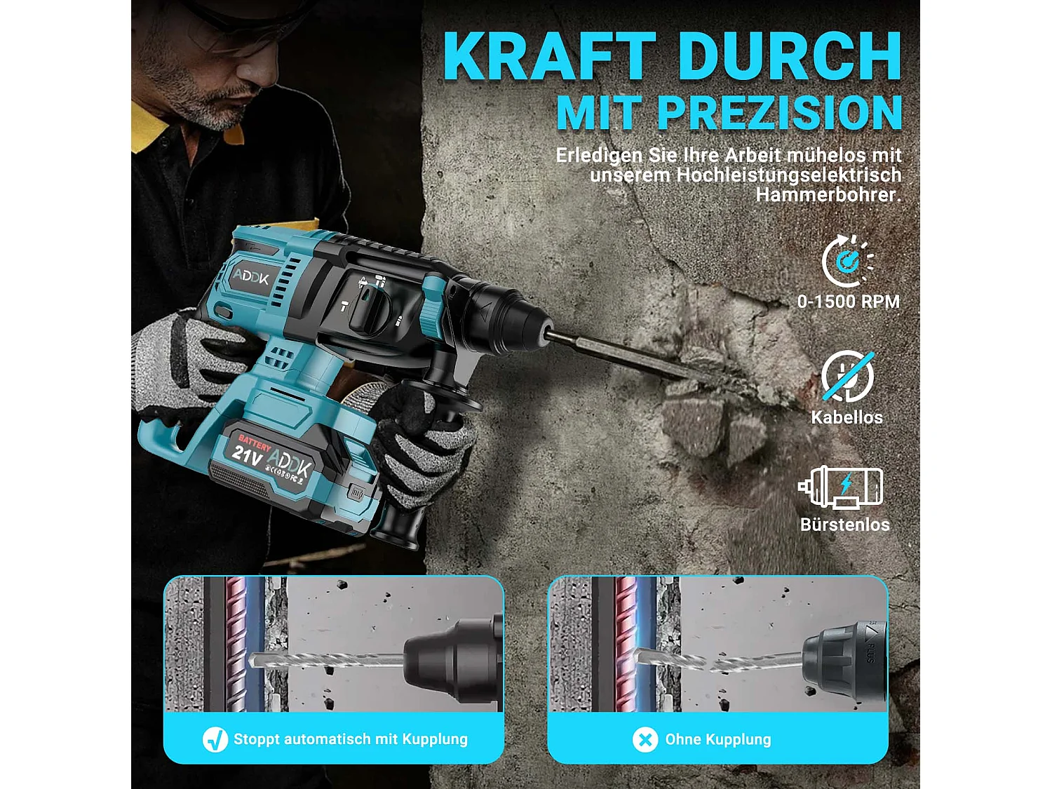 600 W 21 V 4,0 Ah Bohrhammer - Maximale Drehzahl 1500 U/min, Optimaler Bohrbereich 8-16 mm, 3 Betriebsarten - Blau