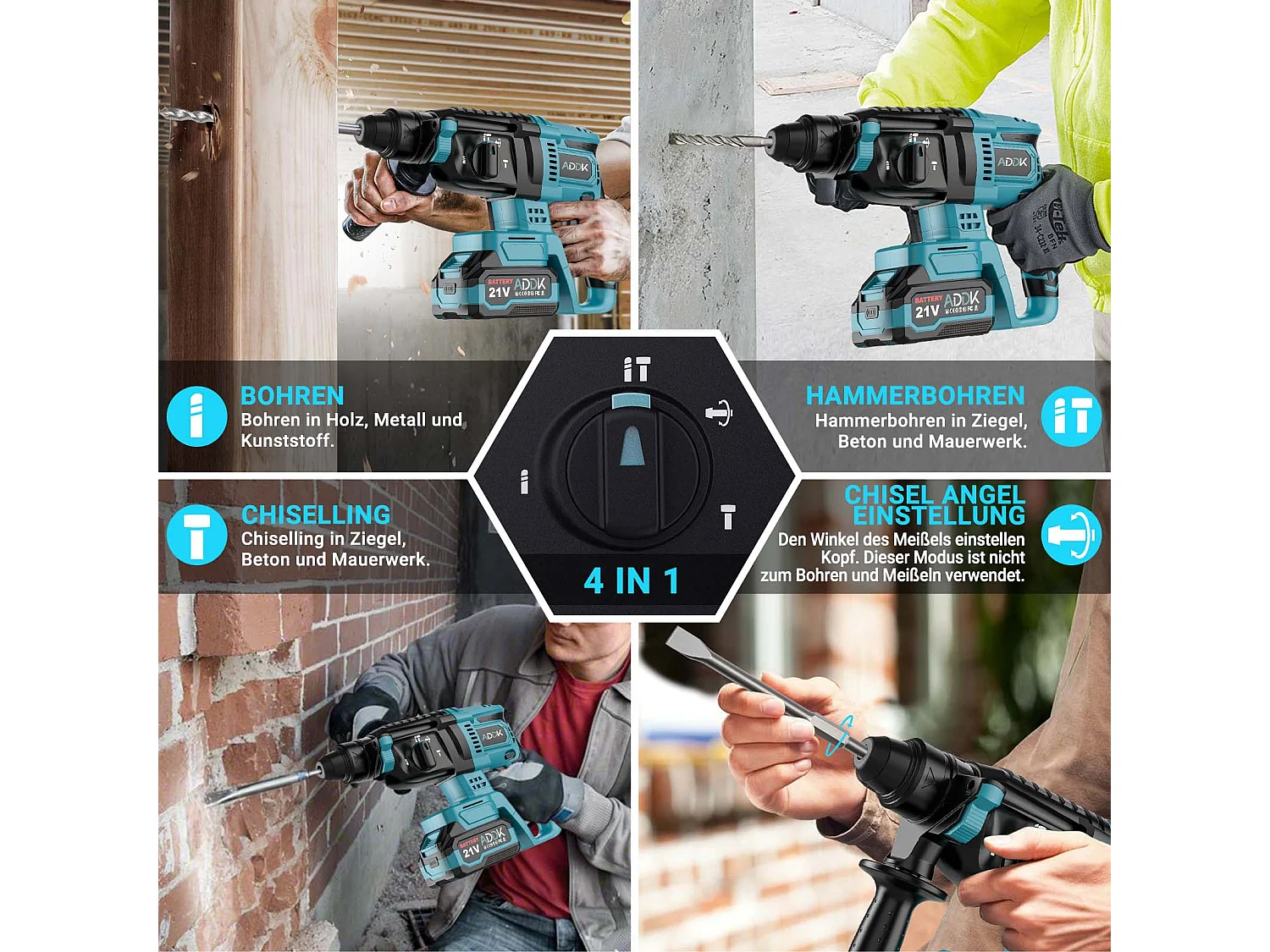 600 W 21 V 4,0 Ah Bohrhammer - Maximale Drehzahl 1500 U/min, Optimaler Bohrbereich 8-16 mm, 3 Betriebsarten - Blau