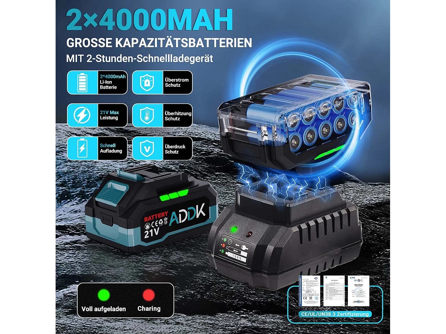 600 W 21 V 4,0 Ah Bohrhammer - Maximale Drehzahl 1500 U/min, Optimaler Bohrbereich 8-16 mm, 3 Betriebsarten - Blau