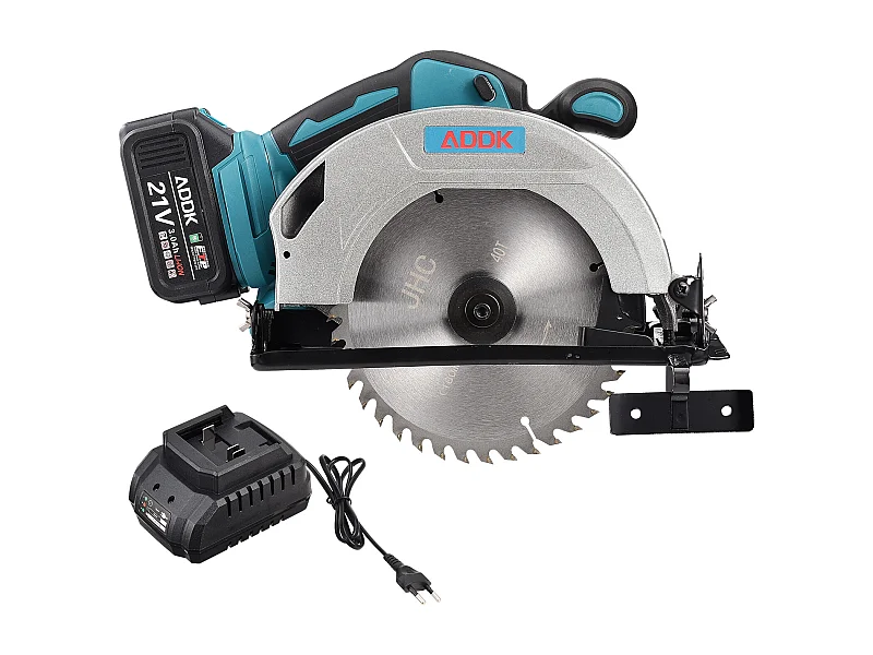 21V snoerloze cirkelzaag, borstelloze motor, 1 x 3,0Ah-1 accu, 1 oplader, 1 stuks zaagbladen, diameter 180 mm, zaagdiepte 56 mm + verstelbare kantelhoek 0-45°