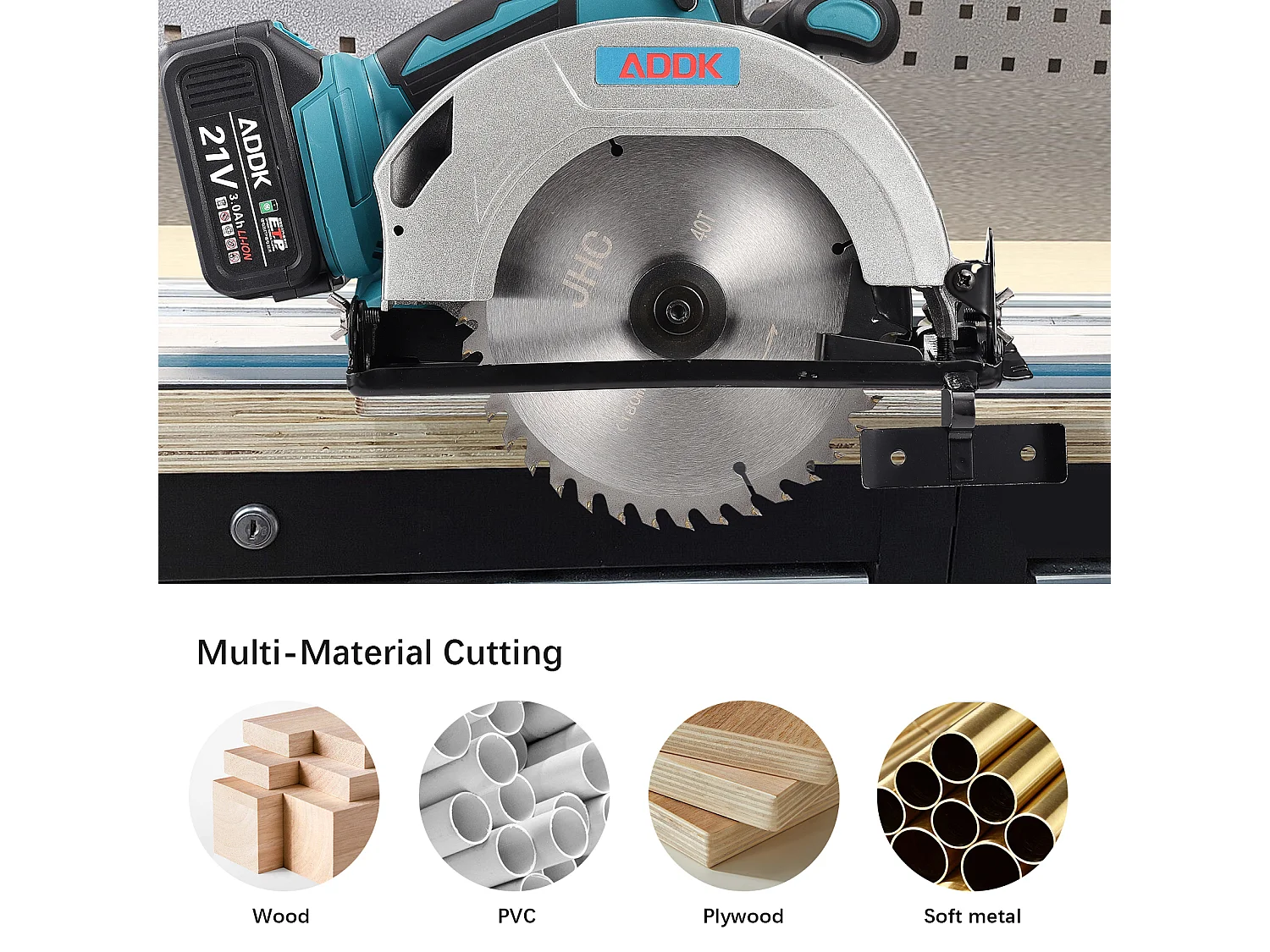 21V snoerloze cirkelzaag, borstelloze motor, 1 x 3,0Ah-1 accu, 1 oplader, 1 stuks zaagbladen, diameter 180 mm, zaagdiepte 56 mm + verstelbare kantelhoek 0-45°
