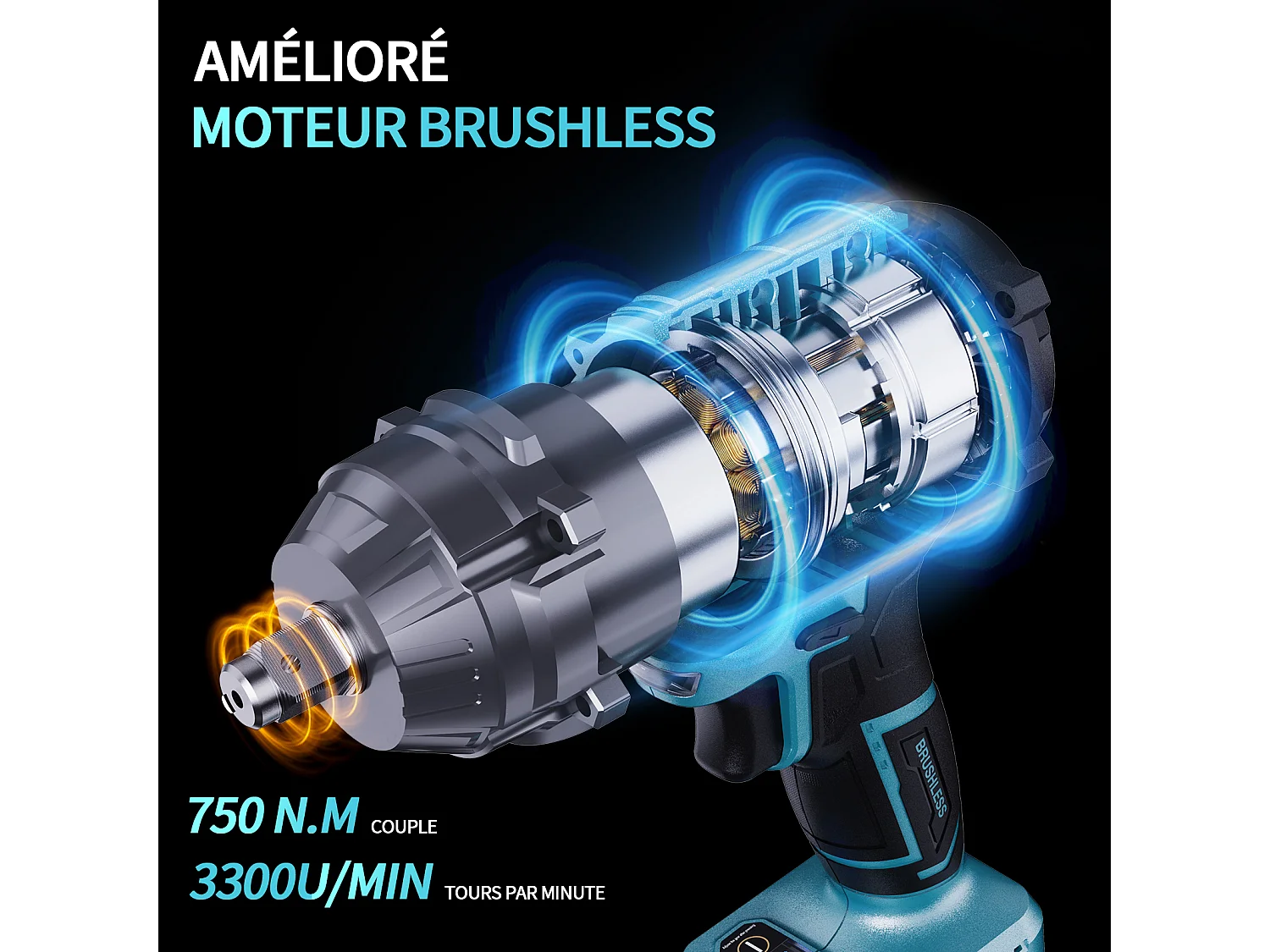 Clé à chocs sans fil Brushless, 750Nm Boulonneuse a Choc avec 4.0Ah Batterie, 6 vitesses 3300 tr/min Clé à chocs rotative