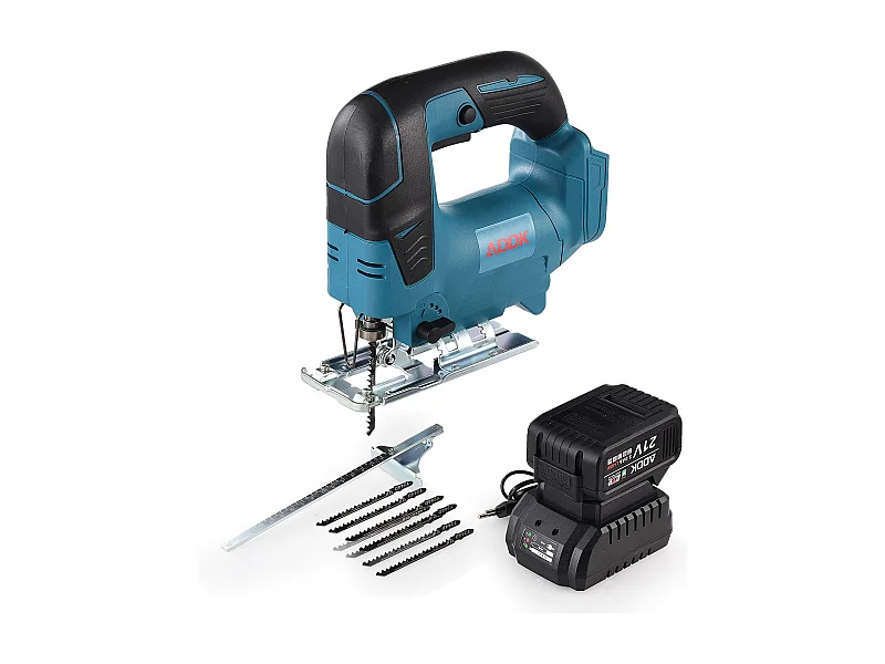 Scie sauteuse sans fil 21V Brushless + 1x Batterie 3,0 Ah + Chargeur + boîte en plastique PP + Set de lame de scie sauteuse, 5 pcs.