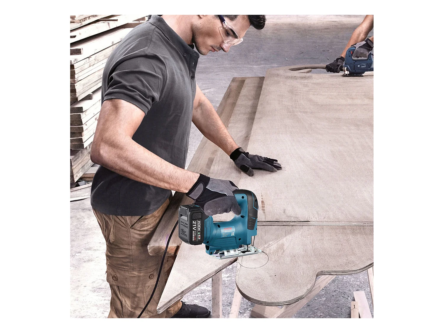 21V borstelloze snoerloze decoupeerzaag + 1x 3,0 Ah accu + lader + PP kunststof box + decoupeerzaagbladenset, 5 stuks.