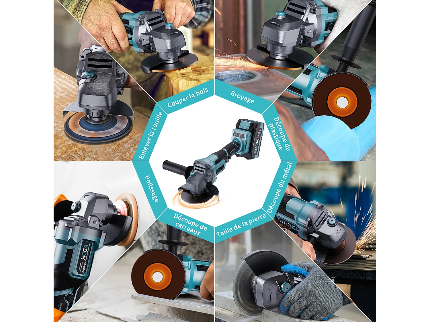 Amoladora angular inalámbrica de 125 mm - Batería de 21 V y 4 Ah - Motor sin escobillas de 9000 rpm - 6 niveles ajustables - Incluye 9 accesorios