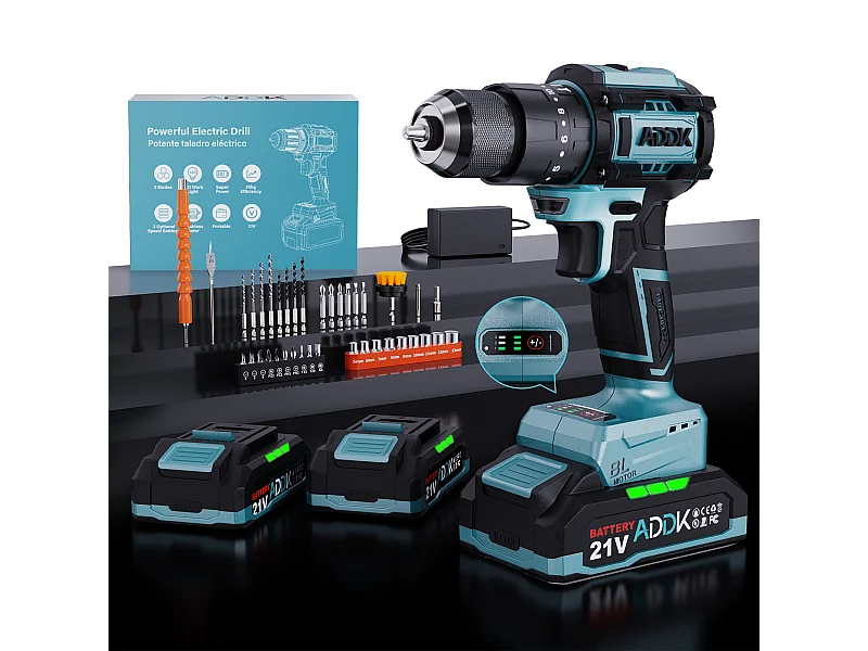 350 W 21 V Bohrschrauber 24+3 Modus – 3 Geschwindigkeitsstufen, Tragbarer Bohrer – Blau (2 Akkus)