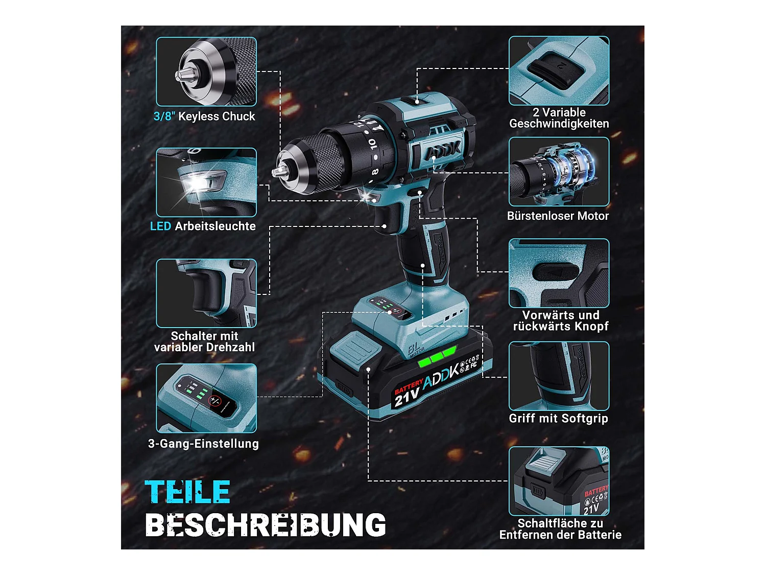 Perceuse Visseuse 350W 21V Mode 24+3 - Réglage 3 Vitesses,  Perceuse Portable - Bleu (2 Batterie)