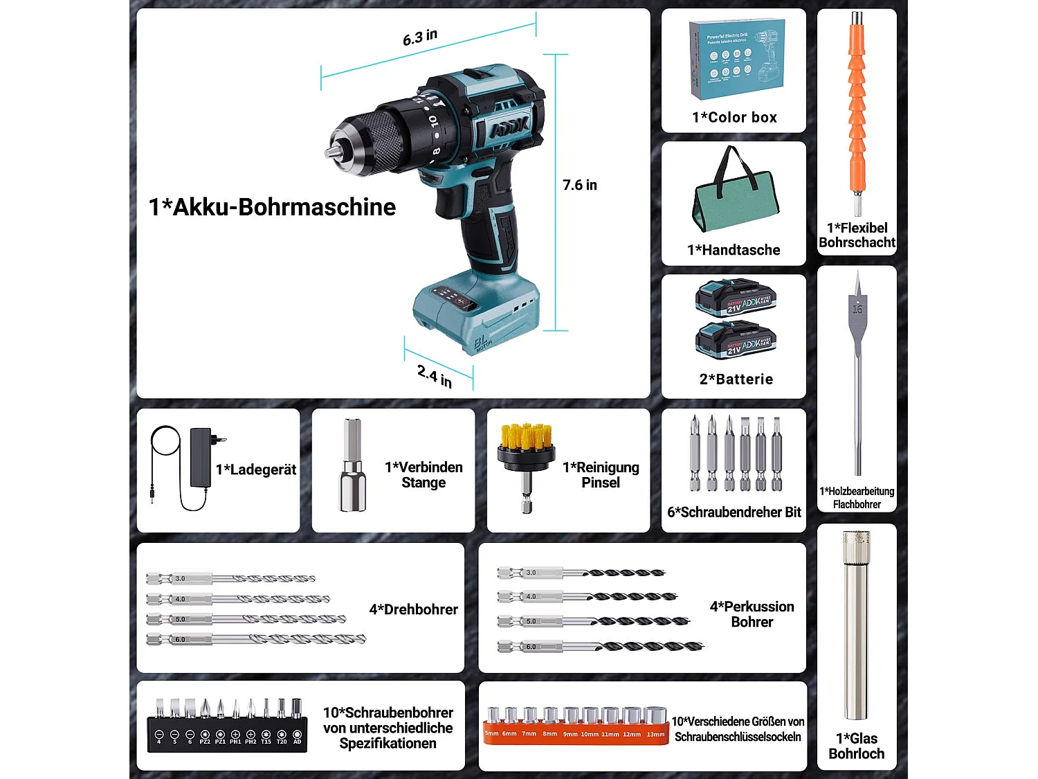 Perceuse Visseuse 350W 21V Mode 24+3 - Réglage 3 Vitesses,  Perceuse Portable - Bleu (2 Batterie)