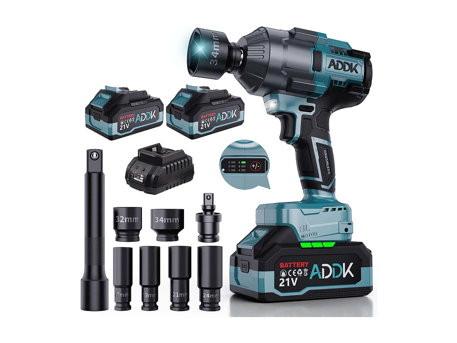 Clé à chocs sans fil Brushless, 1600Nm Boulonneuse a Choc avec 2x2.1Ah Batterie, 6 vitessse, avec 13pcs Accessoires