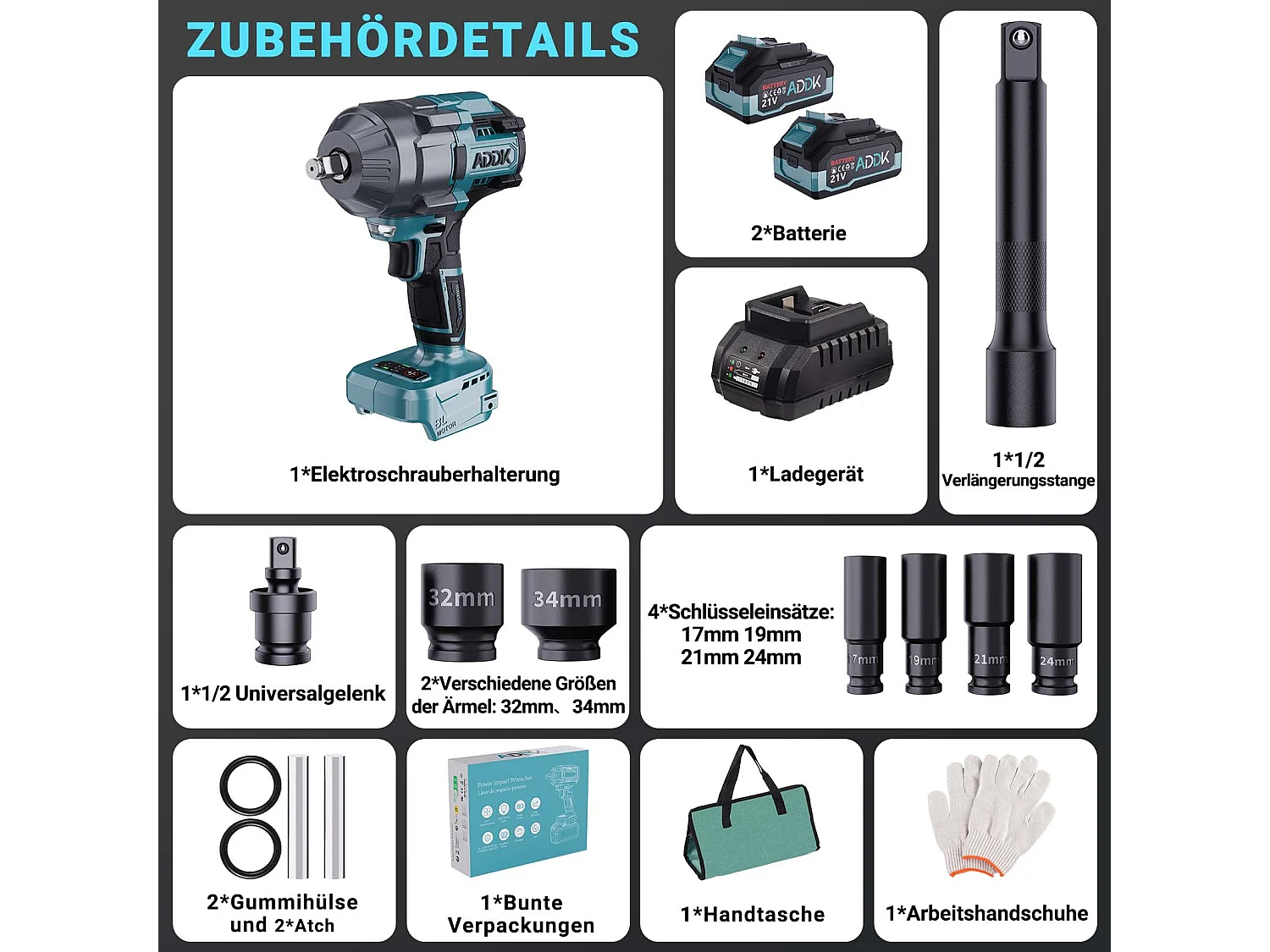 Clé à chocs sans fil Brushless, 1600Nm Boulonneuse a Choc avec 2x2.1Ah Batterie, 6 vitessse, avec 13pcs Accessoires