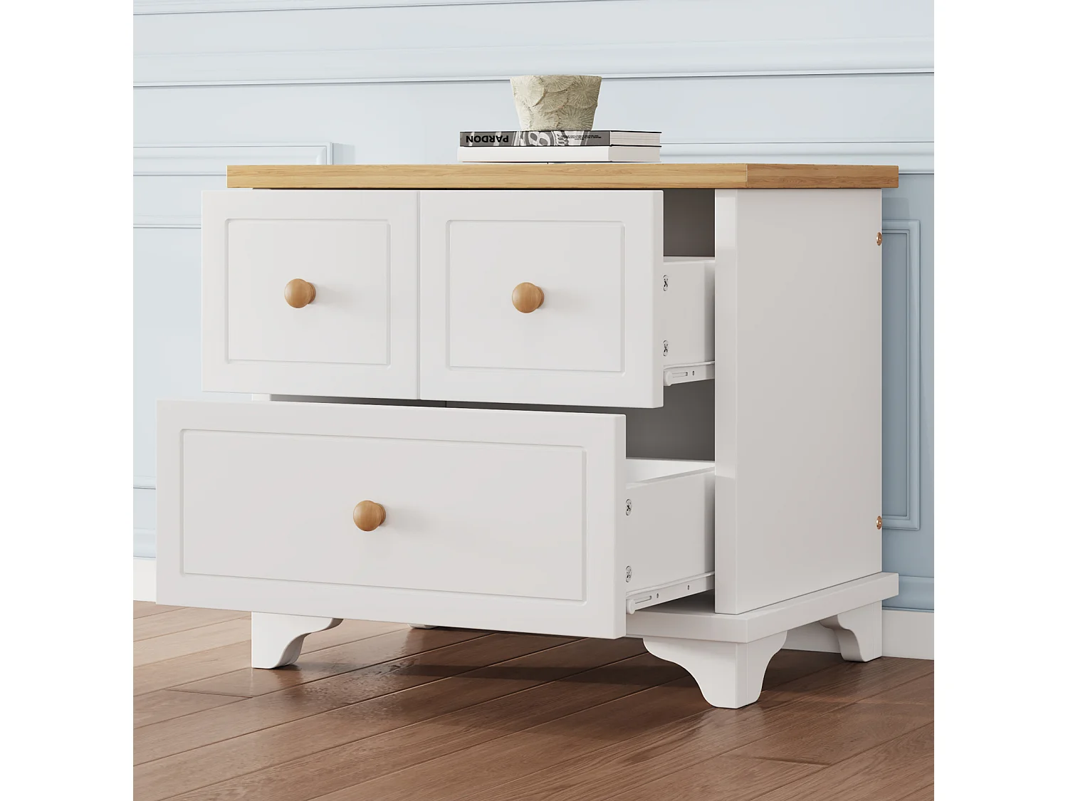 Table de chevet avec 2 tiroirs, 60x40x51.5cm, patins silencieux, pour le séjour et la chambre, MDF+aggloméré, blanc+naturel