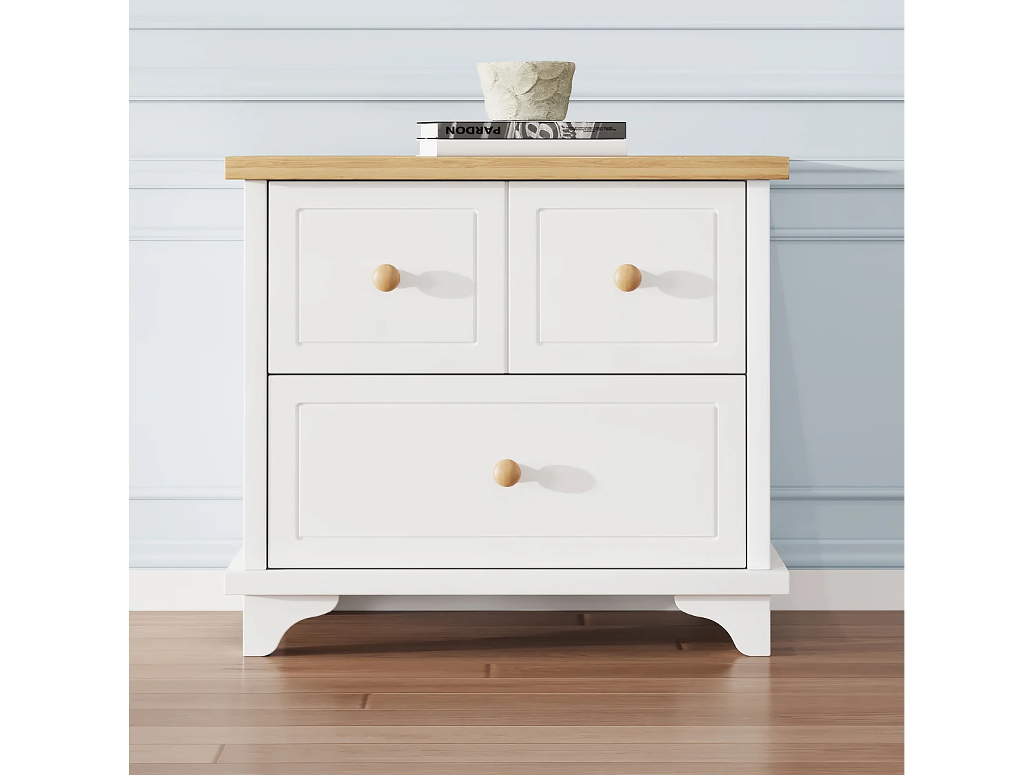 Table de chevet avec 2 tiroirs, 60x40x51.5cm, patins silencieux, pour le séjour et la chambre, MDF+aggloméré, blanc+naturel