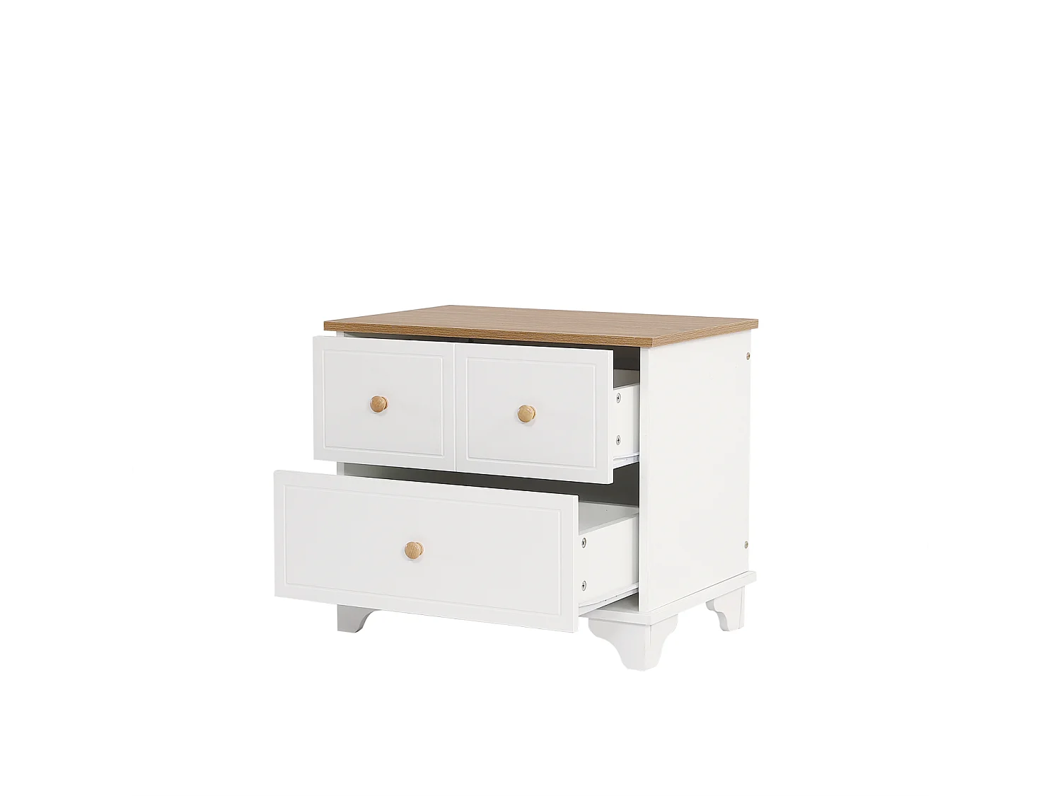 Table de chevet avec 2 tiroirs, 60x40x51.5cm, patins silencieux, pour le séjour et la chambre, MDF+aggloméré, blanc+naturel