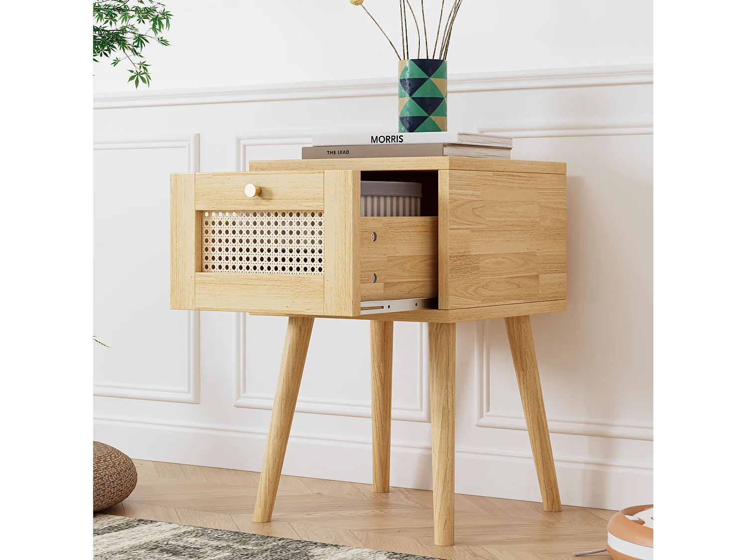 Comodino con un cassetto e piano in rattan per soggiorno, camera da letto, 38x38x58,5 cm, naturale