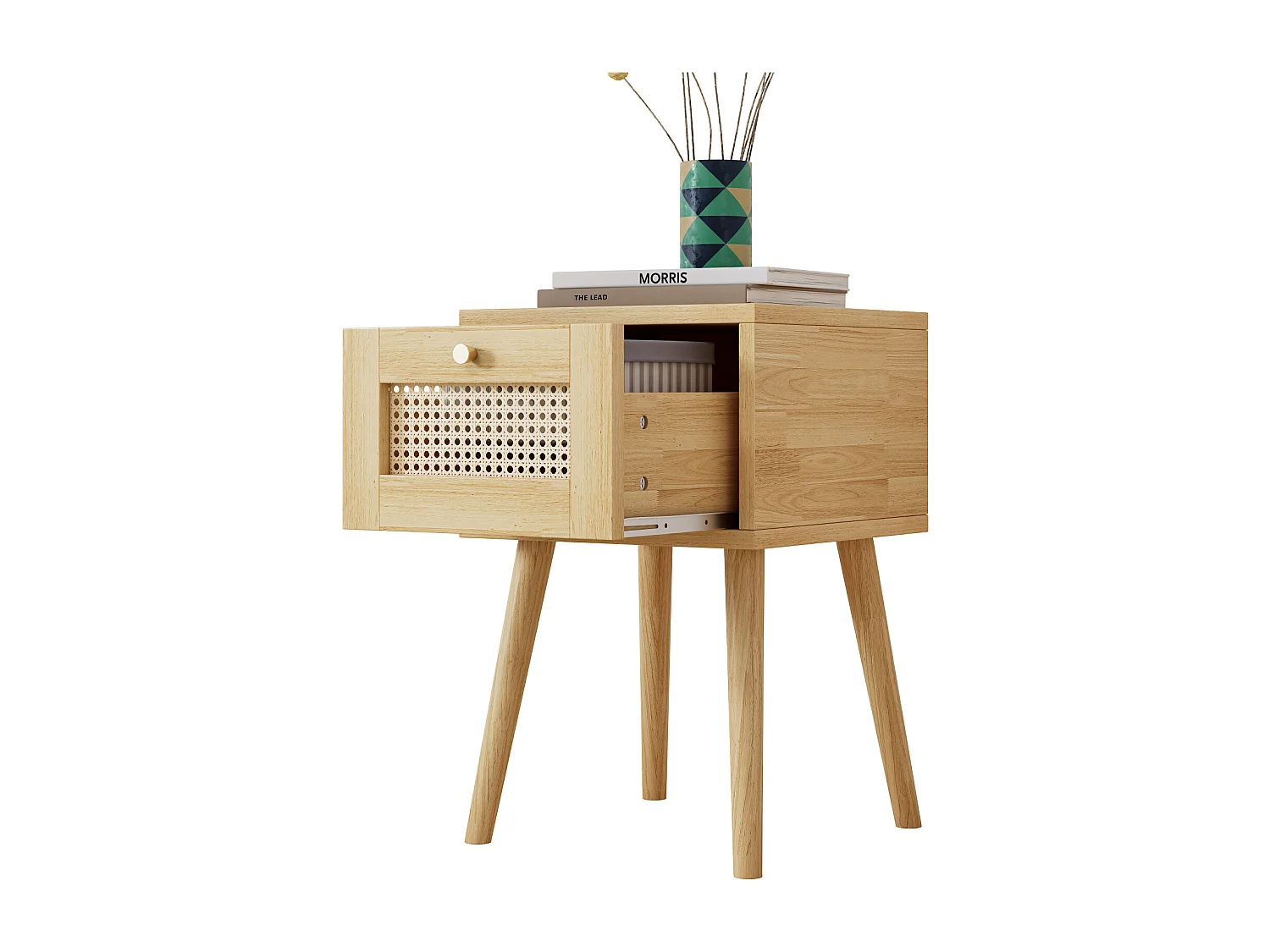 Comodino con un cassetto e piano in rattan per soggiorno, camera da letto, 38x38x58,5 cm, naturale