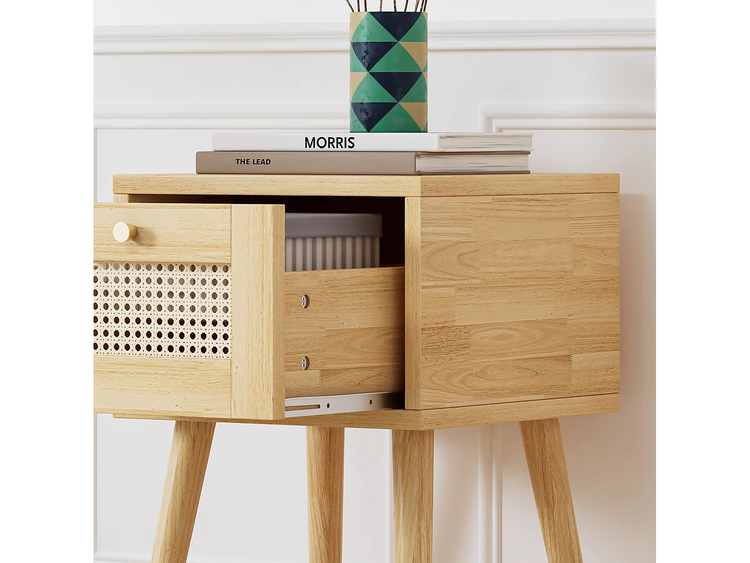 Comodino con un cassetto e piano in rattan per soggiorno, camera da letto, 38x38x58,5 cm, naturale