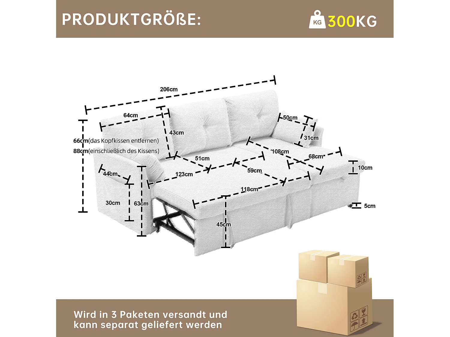 Canapé convertible, canapé d'angle 3-4 places, 206x 30x66-88 cm, en forme de L avec chaise réversible, sièges de rangement, brige