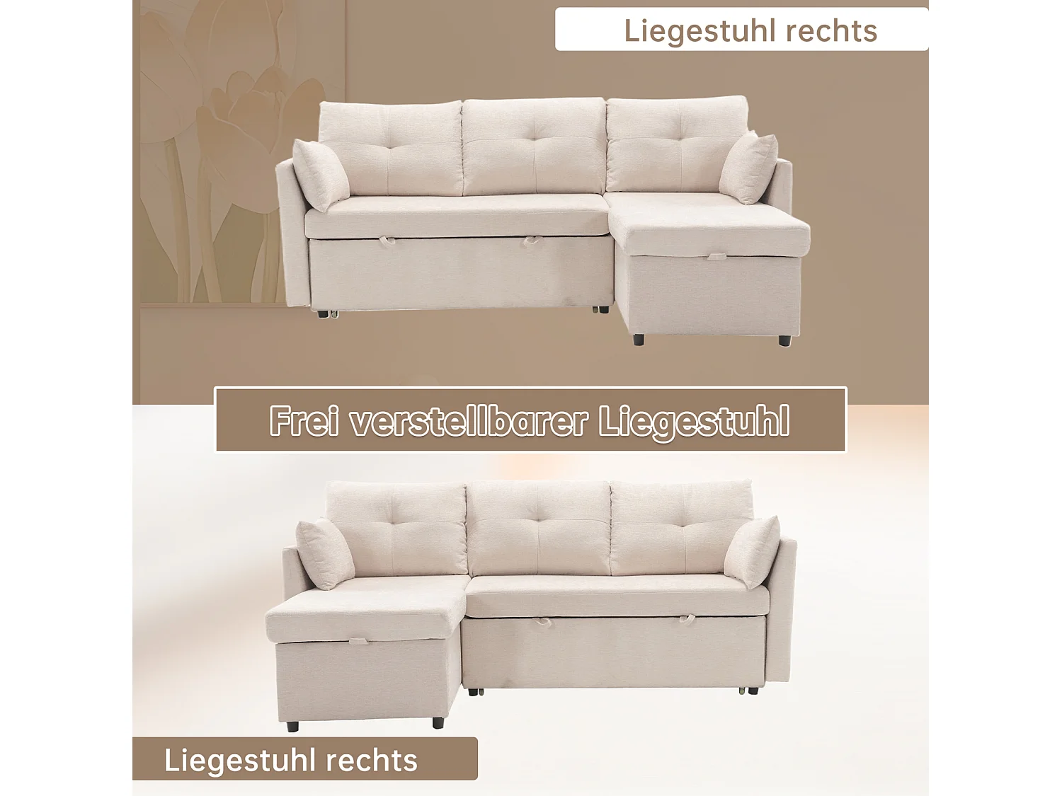 Canapé convertible, canapé d'angle 3-4 places, 206x 30x66-88 cm, en forme de L avec chaise réversible, sièges de rangement, brige