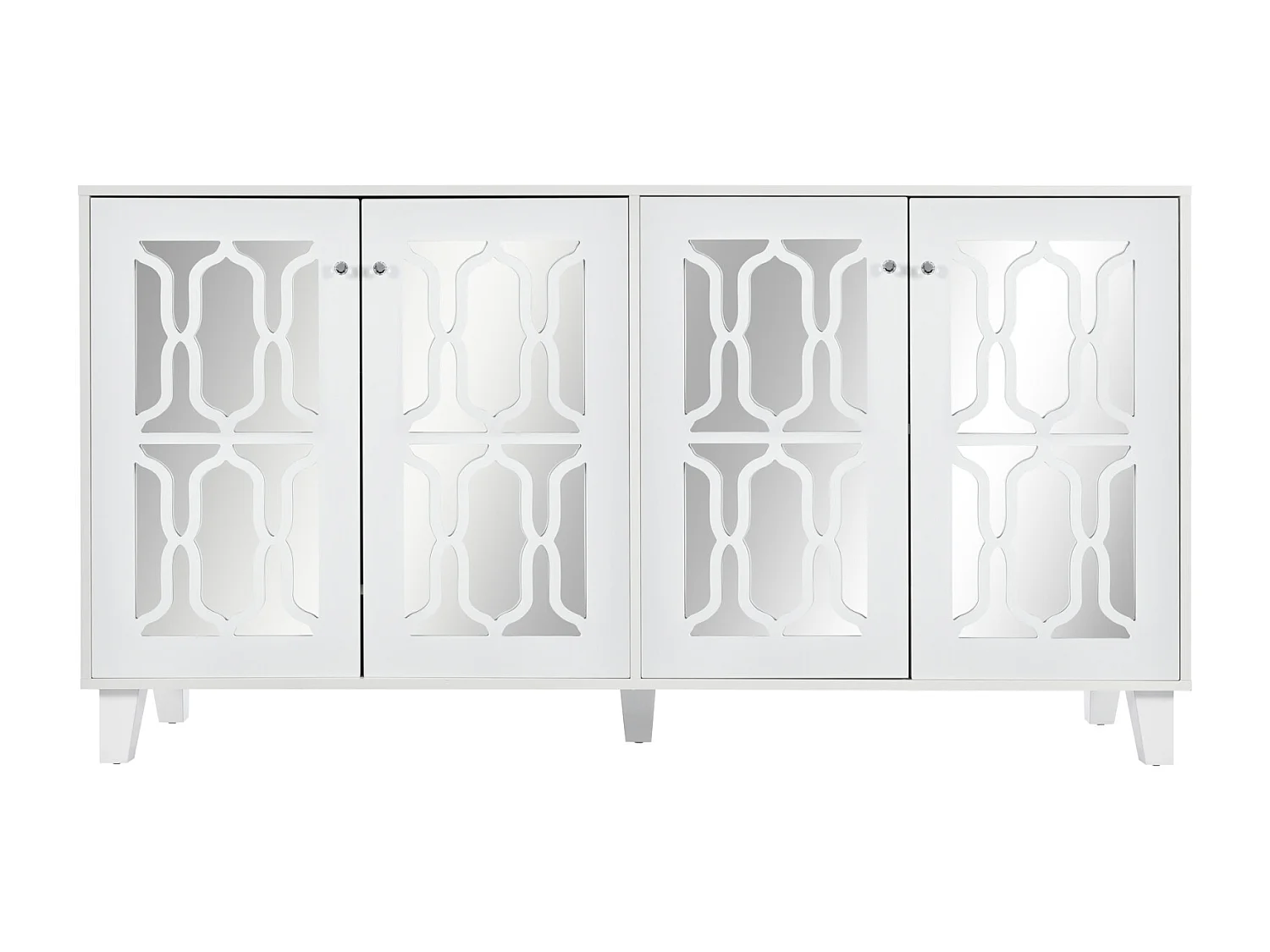 Buffet 160x40x81cm, avec 4 portes à miroir, stratifié mobile, poignées en cristal froid, pour salon et salle à manger, blanc