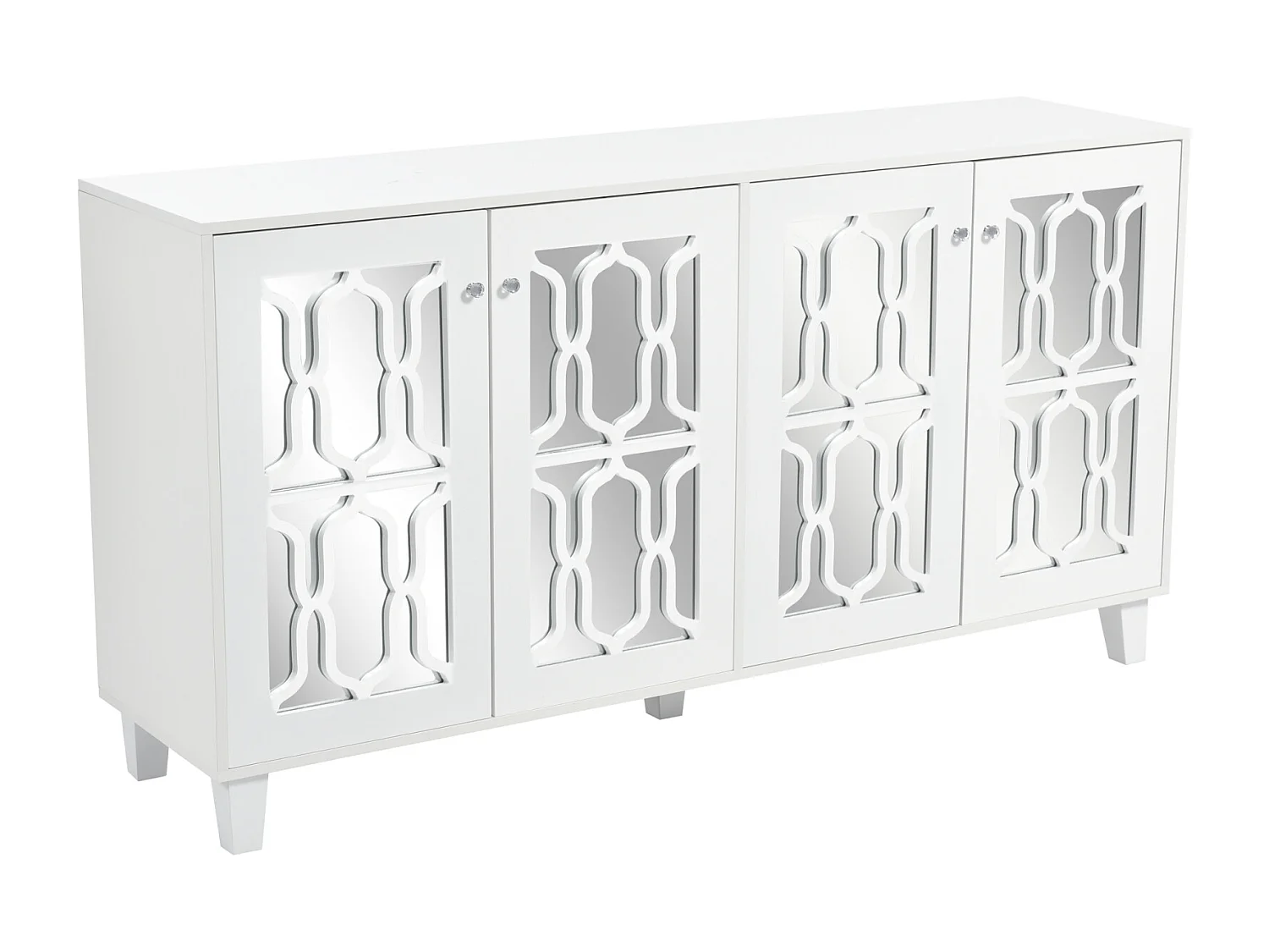 Buffet 160x40x81cm, avec 4 portes à miroir, stratifié mobile, poignées en cristal froid, pour salon et salle à manger, blanc