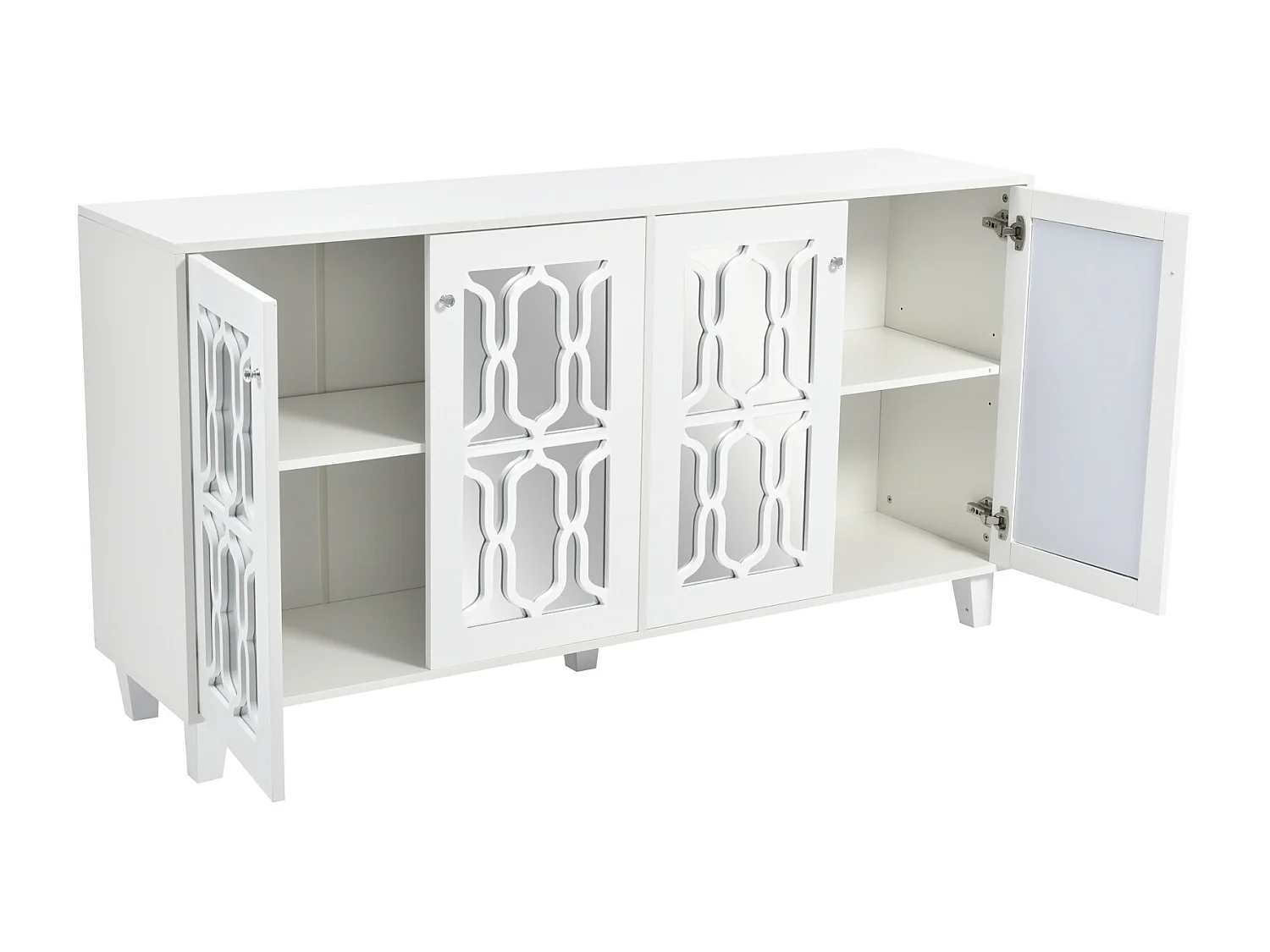 Credenza 160x40x81cm, con 4 ante a specchio, laminato mobile, maniglie in cristallo freddo, per soggiorno e sala da pranzo, bianco