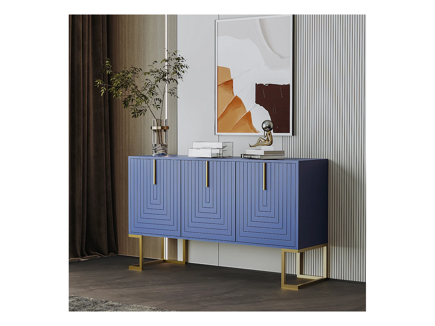 Aparador 138x40x80,5cm, armário com 3 portas, prateleiras reguláveis, portas em U, base metálica, azul marinho