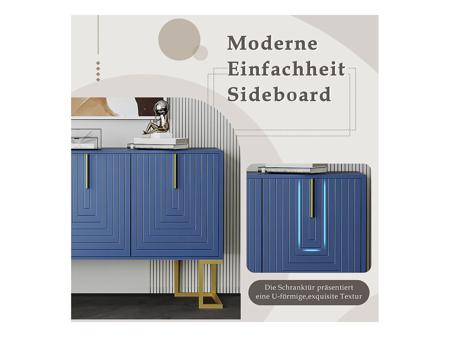 Aparador 138x40x80,5cm, armário com 3 portas, prateleiras reguláveis, portas em U, base metálica, azul marinho