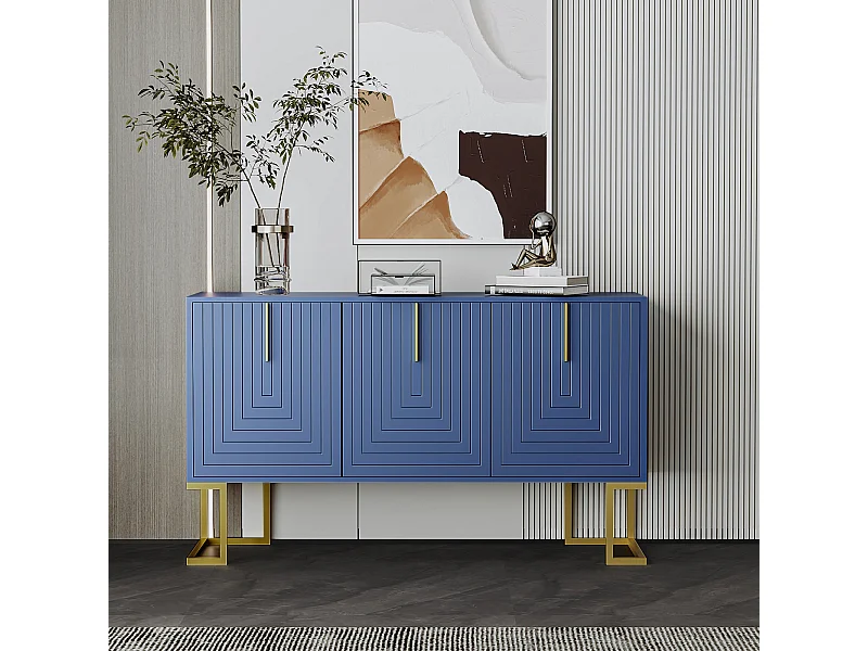Buffet 138x40x80.5cm, armoire avec 3 portes, étagères réglables, portes en forme de U, base en métal, bleu marine