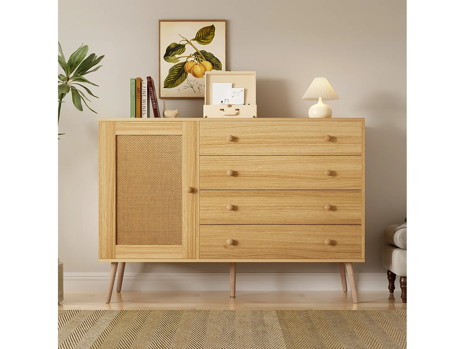 Buffet 120x40x836cm - Armoire avec 4 tiroirs et 1 porte en rotin - en bois MDF+PB - coloris bois