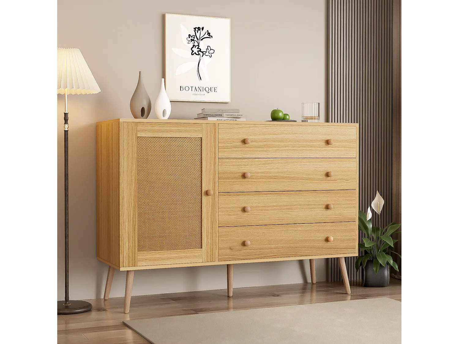 Buffet 120x40x836cm - Armoire avec 4 tiroirs et 1 porte en rotin - en bois MDF+PB - coloris bois