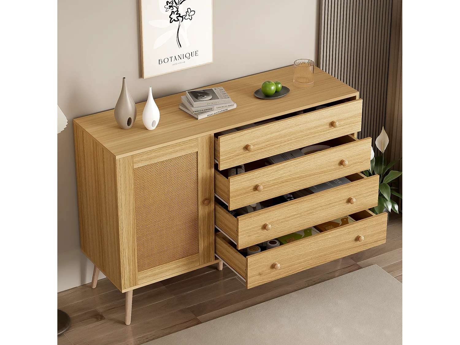 Buffet 120x40x836cm - Armoire avec 4 tiroirs et 1 porte en rotin - en bois MDF+PB - coloris bois