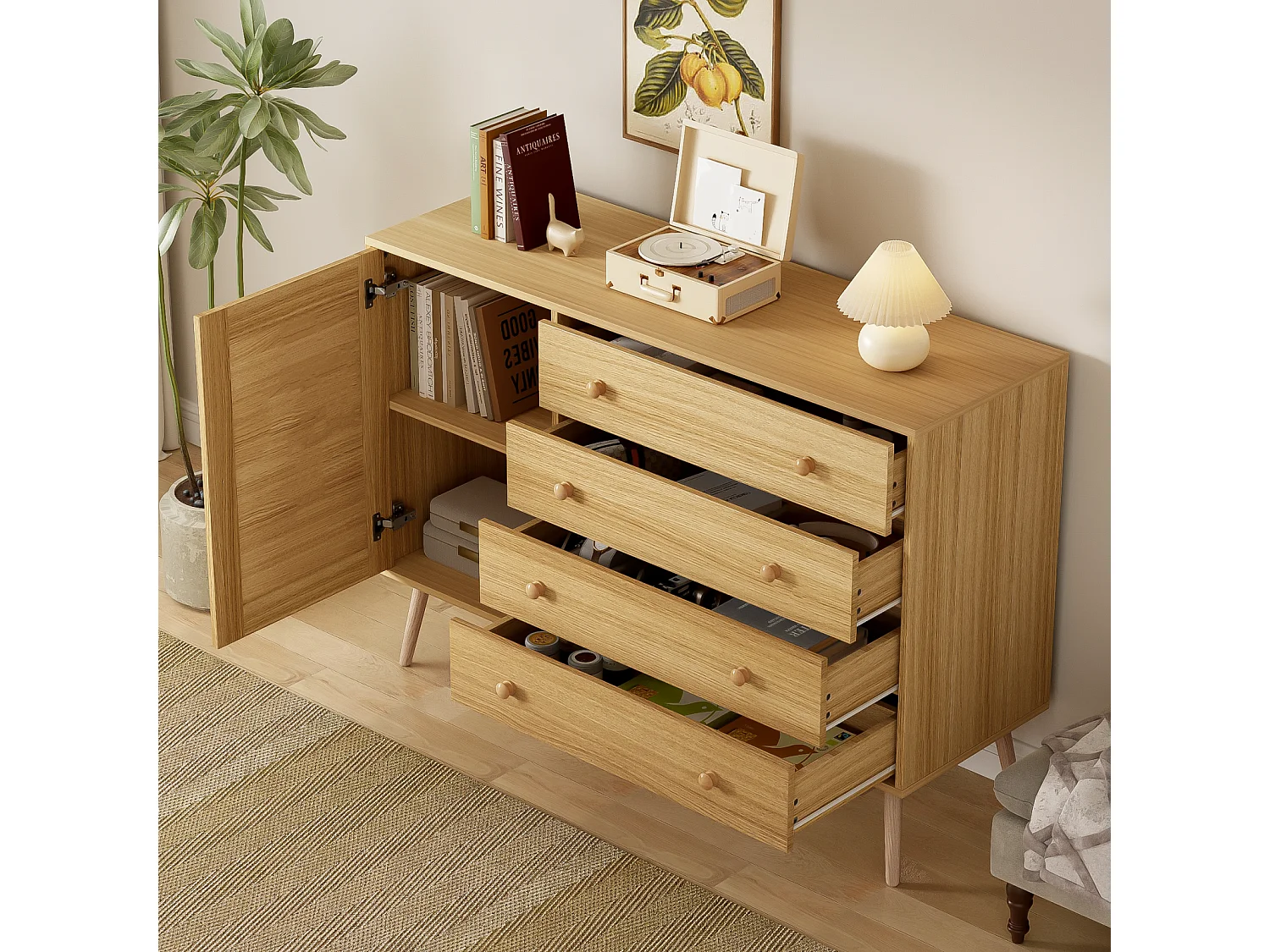 Buffet 120x40x836cm - Armoire avec 4 tiroirs et 1 porte en rotin - en bois MDF+PB - coloris bois