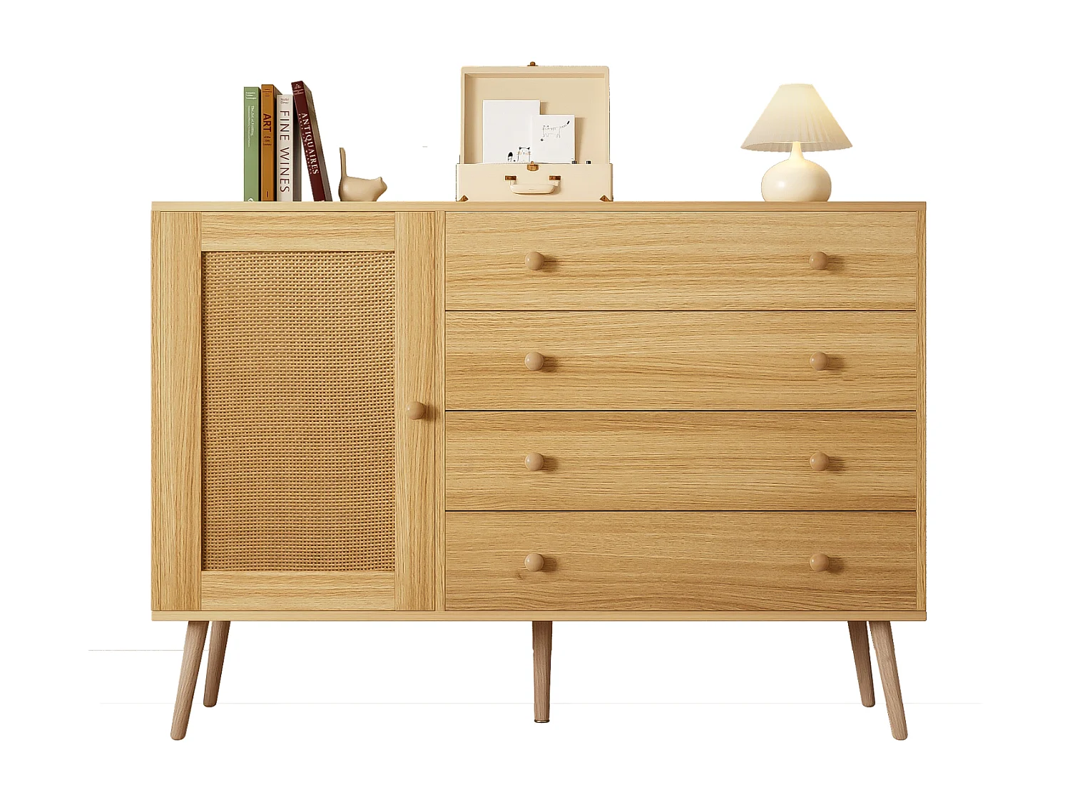 Buffet 120x40x836cm - Armoire avec 4 tiroirs et 1 porte en rotin - en bois MDF+PB - coloris bois