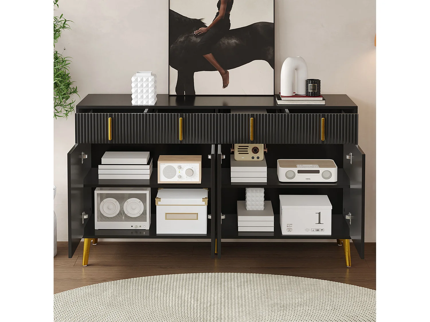 Aparador 140x37,8x82cm - con 4 puertas, 4 cajones, tiradores y patas dorados - laminado extraíble - NEGRO