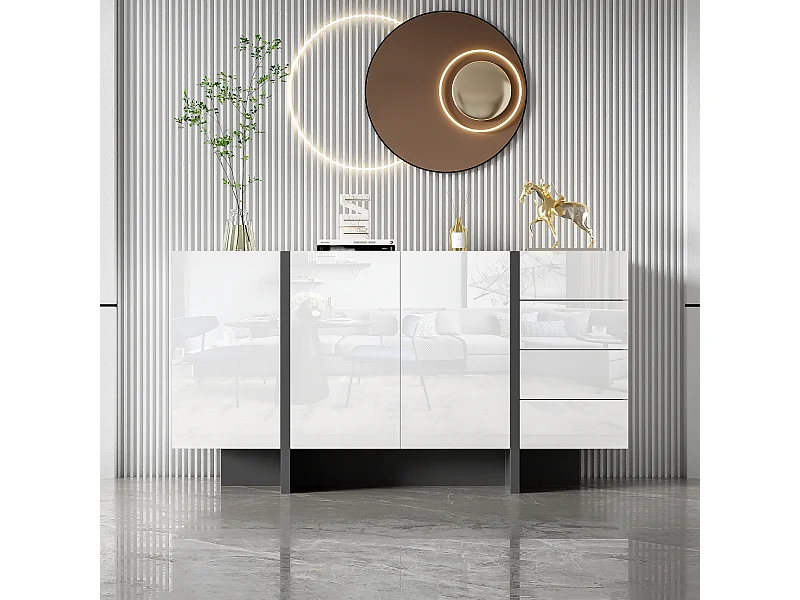 Buffet blanc brillant, buffet moderne et simple avec 2 portes et 4 tiroirs, facile à nettoyer, idéal pour le salon ou la salle à manger