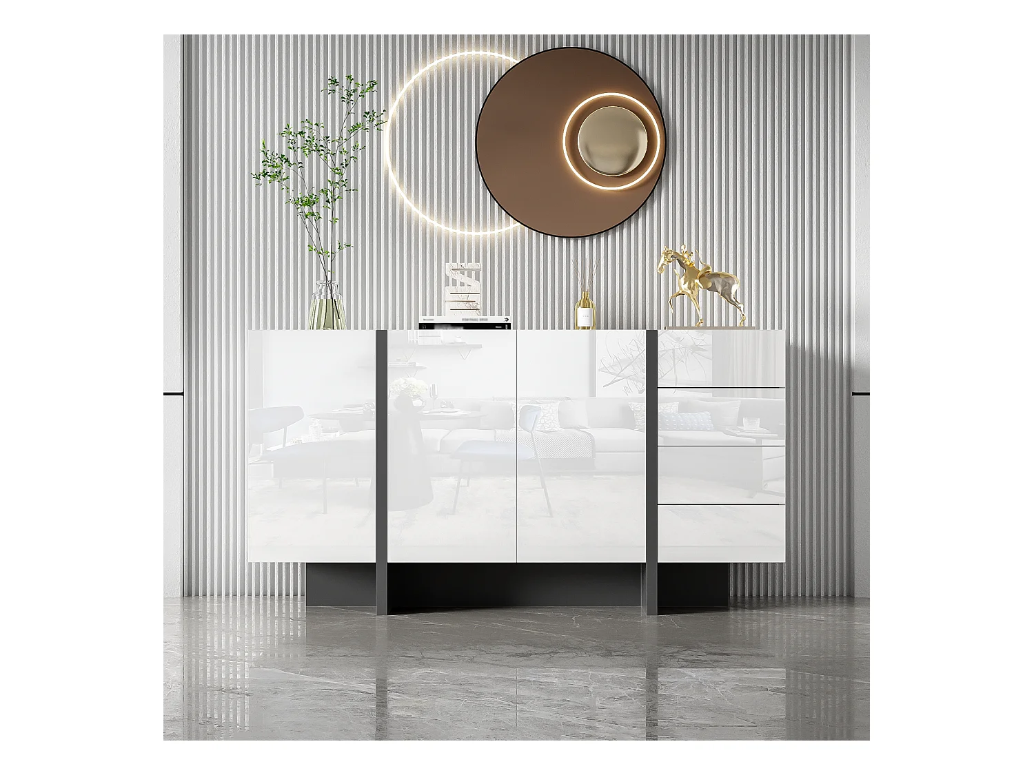 Buffet blanc brillant, buffet moderne et simple avec 2 portes et 4 tiroirs, facile à nettoyer, idéal pour le salon ou la salle à manger