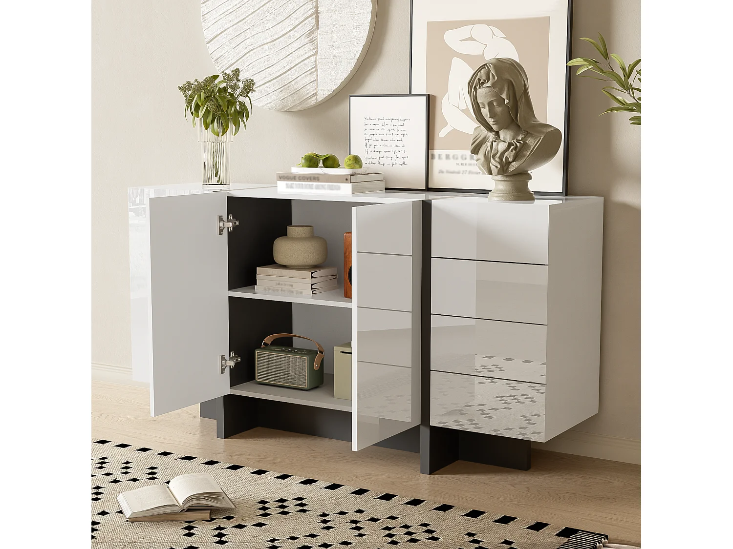 Buffet blanc brillant, buffet moderne et simple avec 2 portes et 4 tiroirs, facile à nettoyer, idéal pour le salon ou la salle à manger