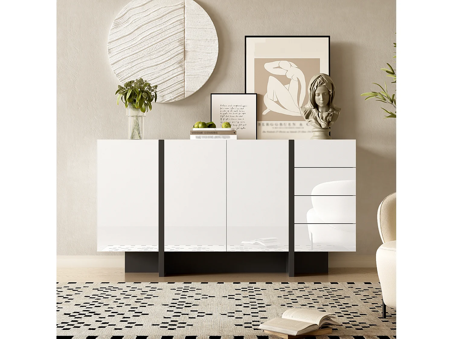 Buffet blanc brillant, buffet moderne et simple avec 2 portes et 4 tiroirs, facile à nettoyer, idéal pour le salon ou la salle à manger