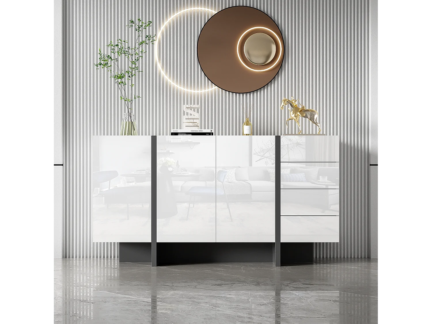 Buffet blanc brillant, buffet moderne et simple avec 2 portes et 4 tiroirs, facile à nettoyer, idéal pour le salon ou la salle à manger