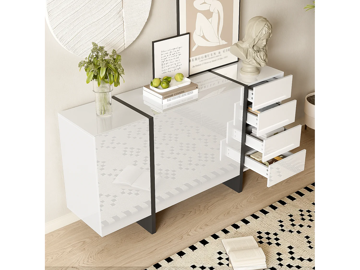 Buffet blanc brillant, buffet moderne et simple avec 2 portes et 4 tiroirs, facile à nettoyer, idéal pour le salon ou la salle à manger