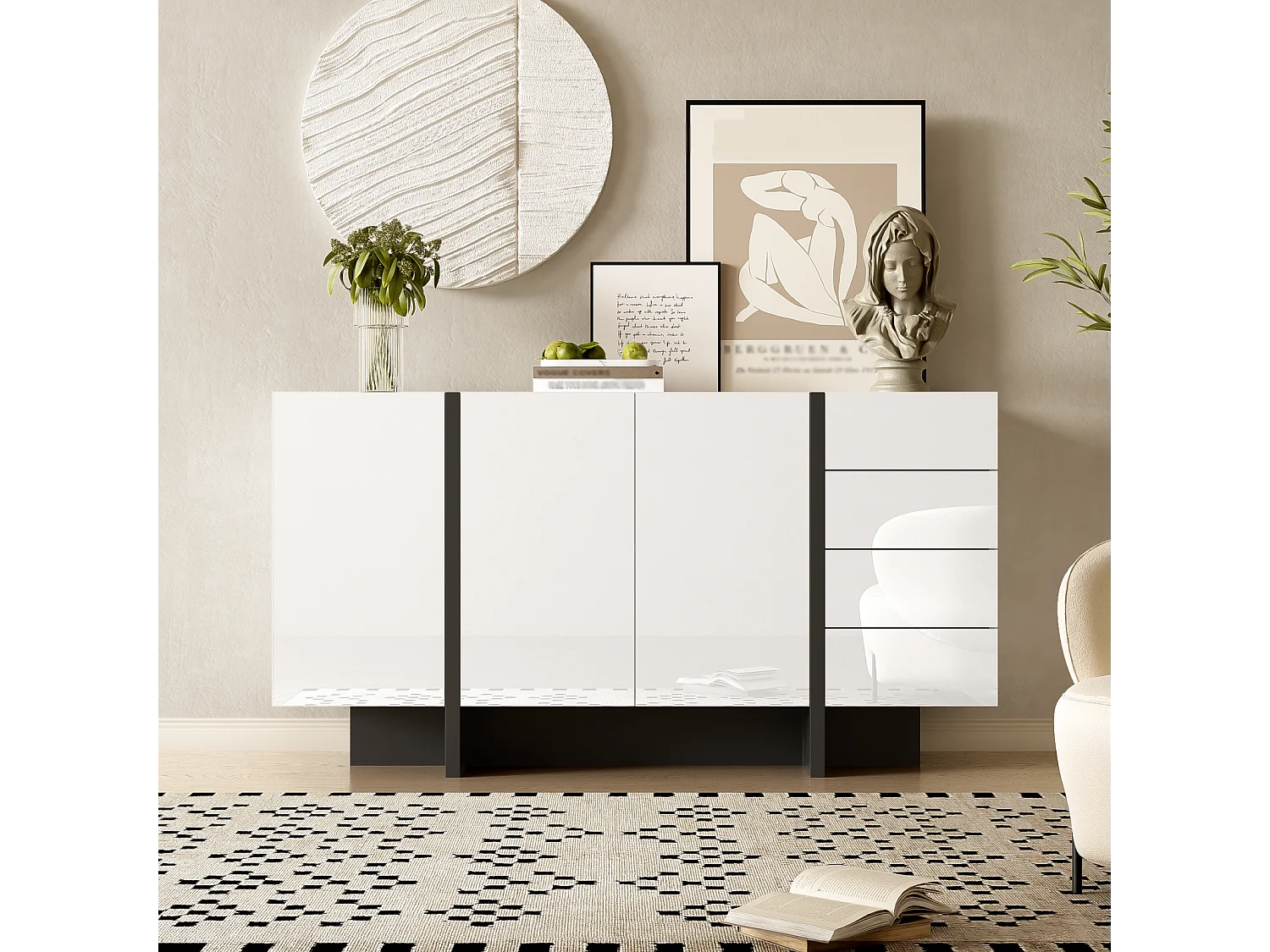 Buffet blanc brillant, buffet moderne et simple avec 2 portes et 4 tiroirs, facile à nettoyer, idéal pour le salon ou la salle à manger