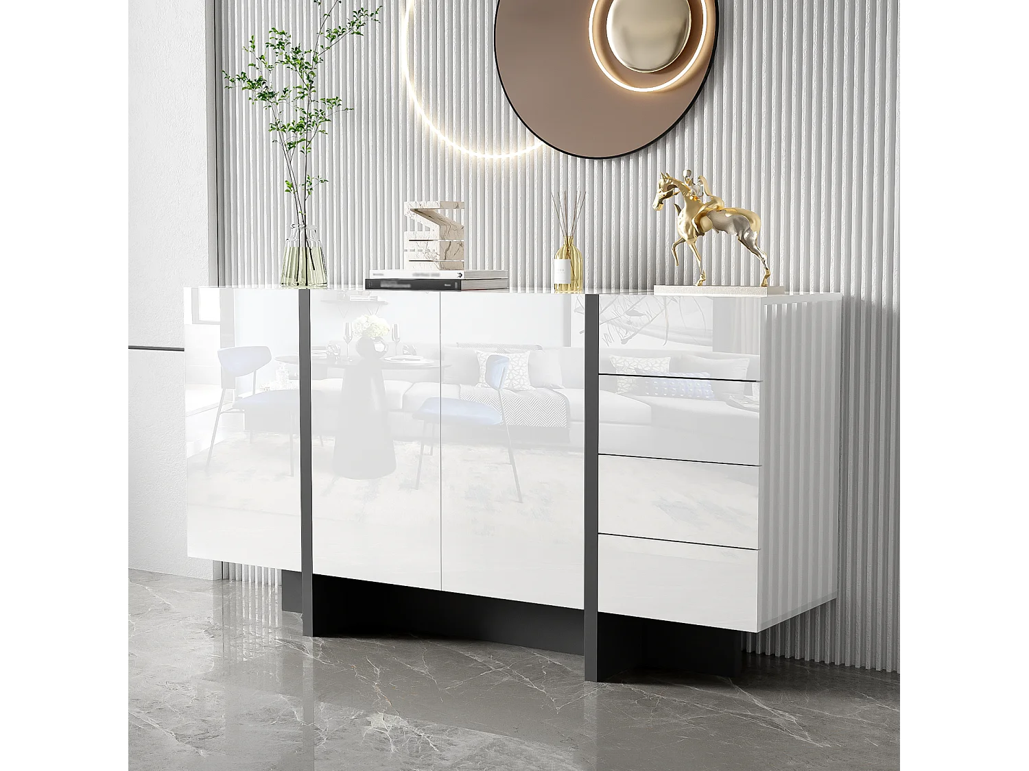 Buffet blanc brillant, buffet moderne et simple avec 2 portes et 4 tiroirs, facile à nettoyer, idéal pour le salon ou la salle à manger