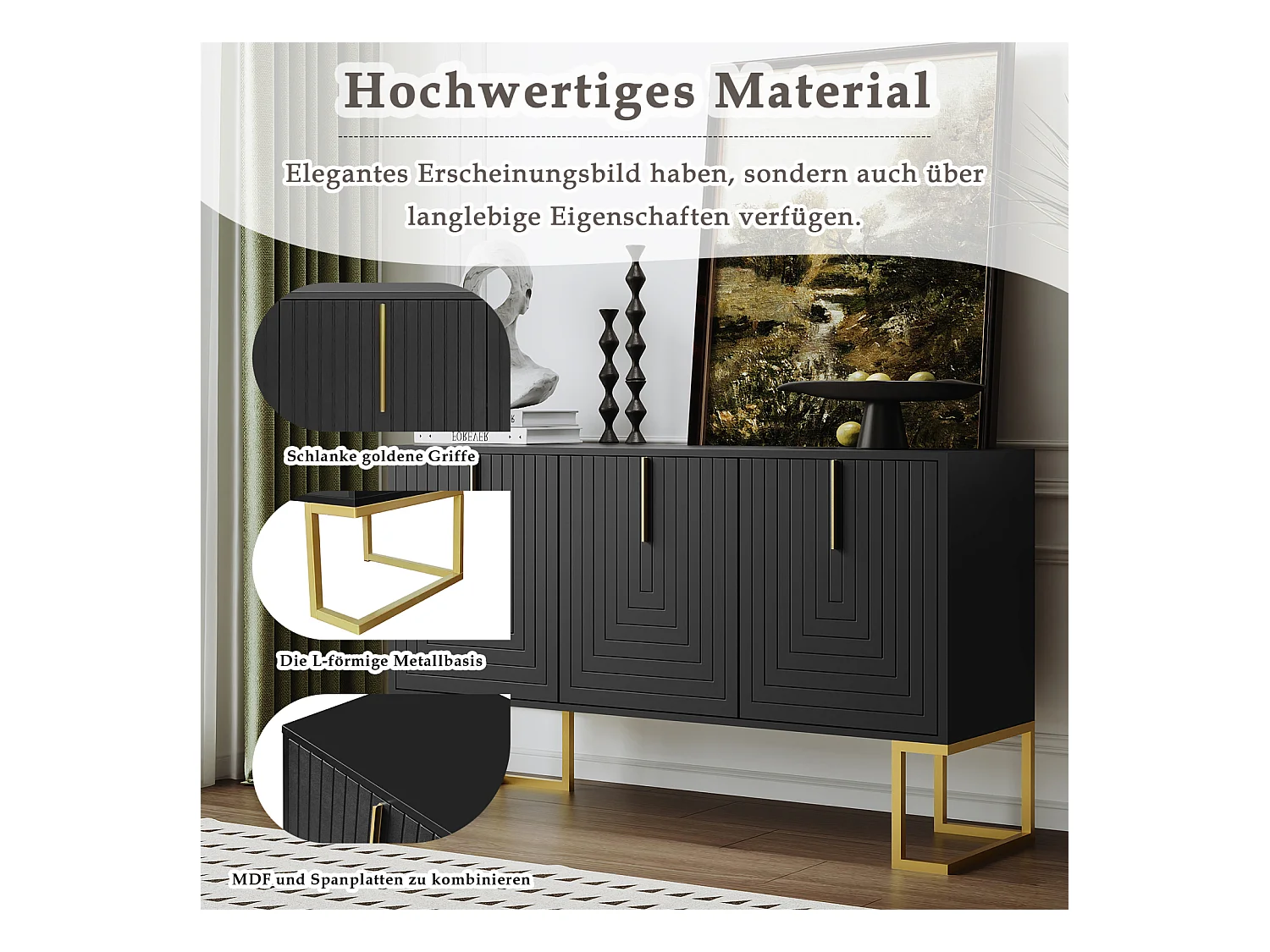 Aparador 138x40x80,5cm, mueble con 3 puertas, estantes regulables, puertas en forma de U, base de metal, color negro