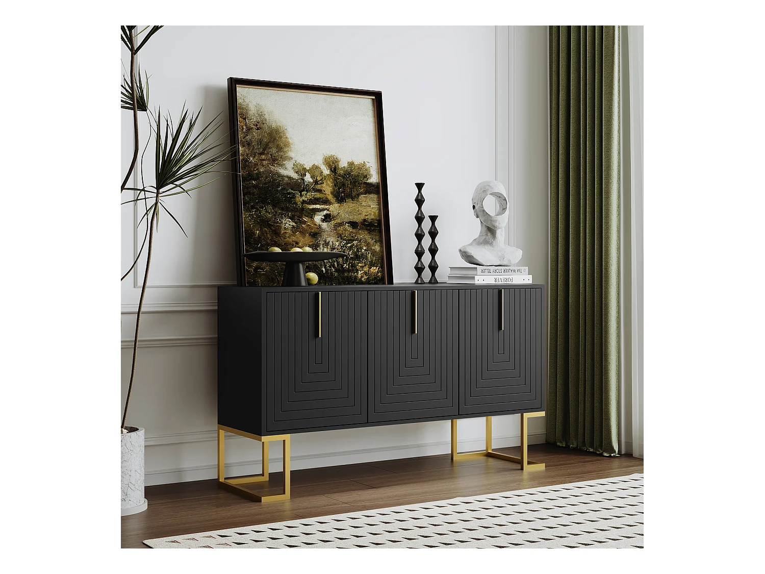 Aparador 138x40x80,5cm, mueble con 3 puertas, estantes regulables, puertas en forma de U, base de metal, color negro