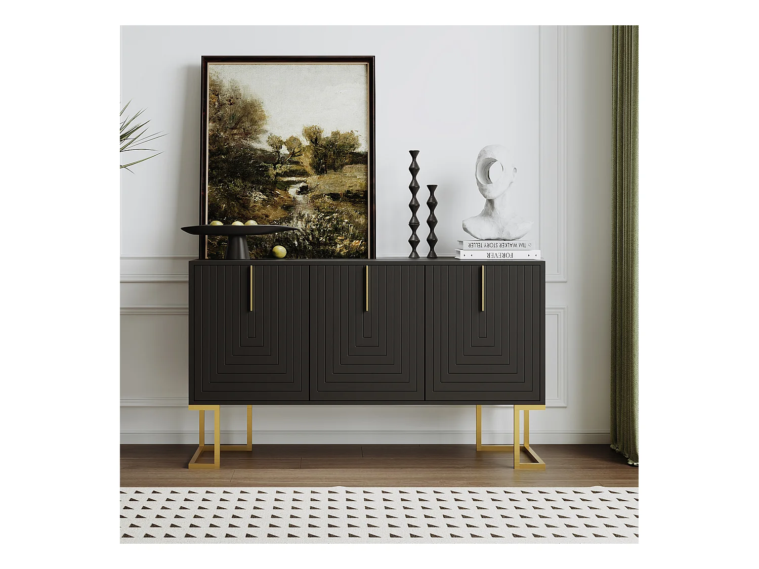 Aparador 138x40x80,5cm, mueble con 3 puertas, estantes regulables, puertas en forma de U, base de metal, color negro