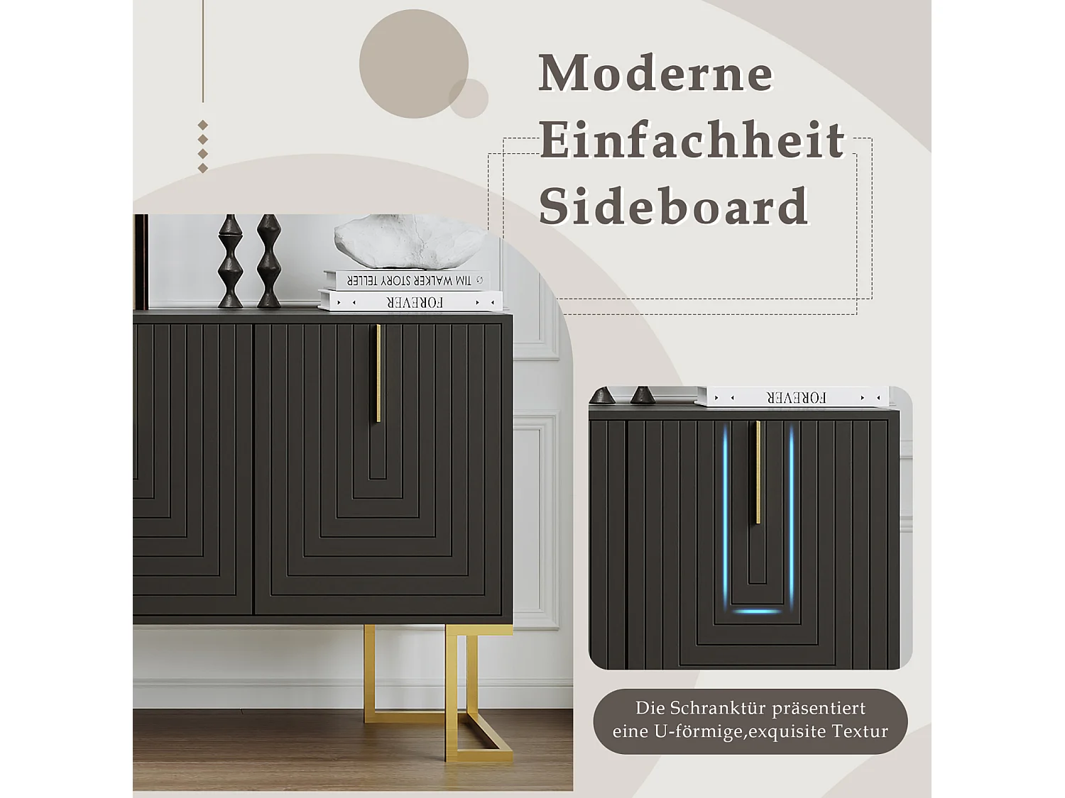 Buffet 138x40x80.5cm, armoire avec 3 portes, étagères réglables, portes en forme de U, base en métal, noir