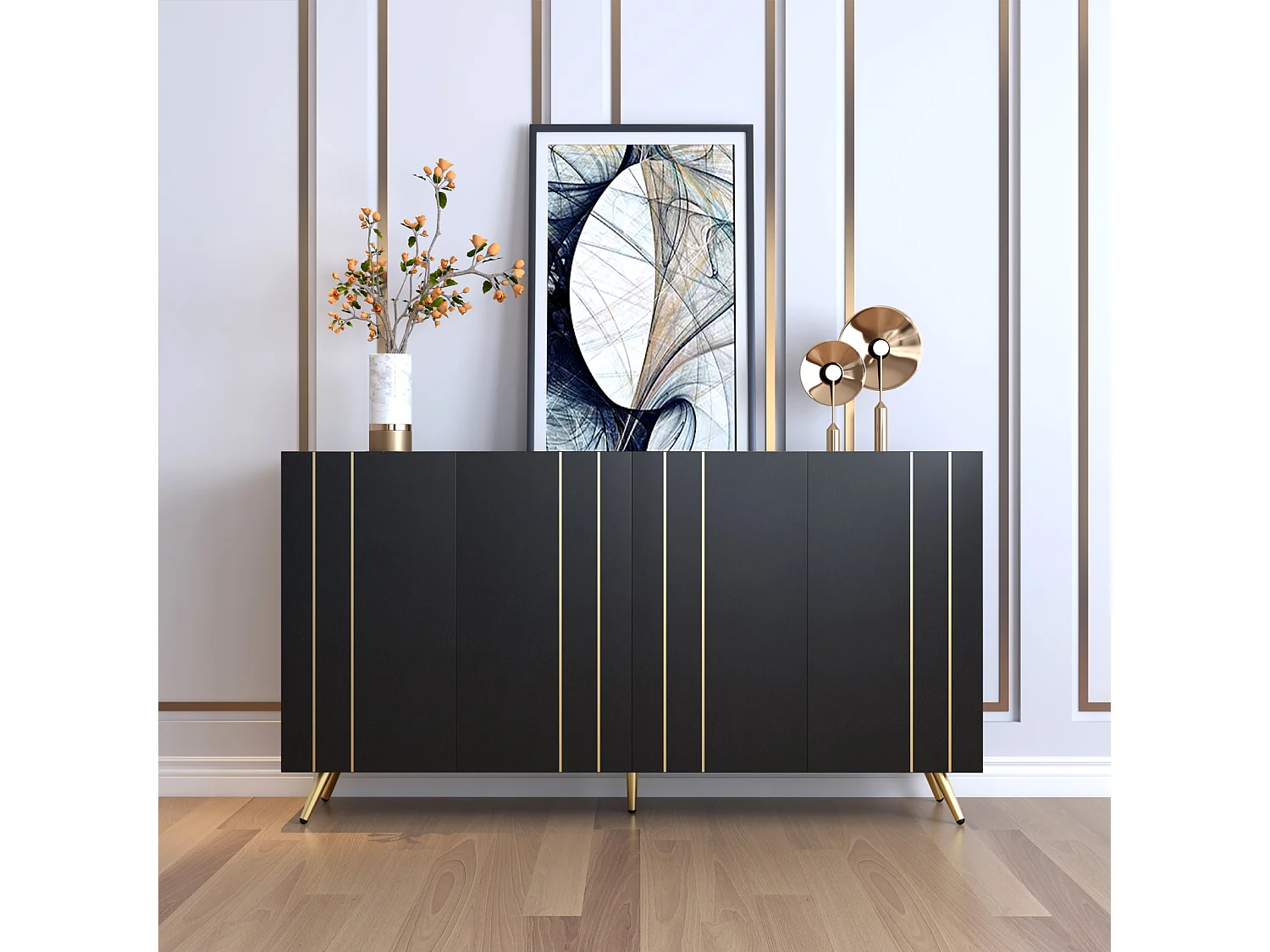 Buffet avec 4 portes - 160x38x80cm - avec étagères réglables et bandes métalliques dorées - armoire haute noir