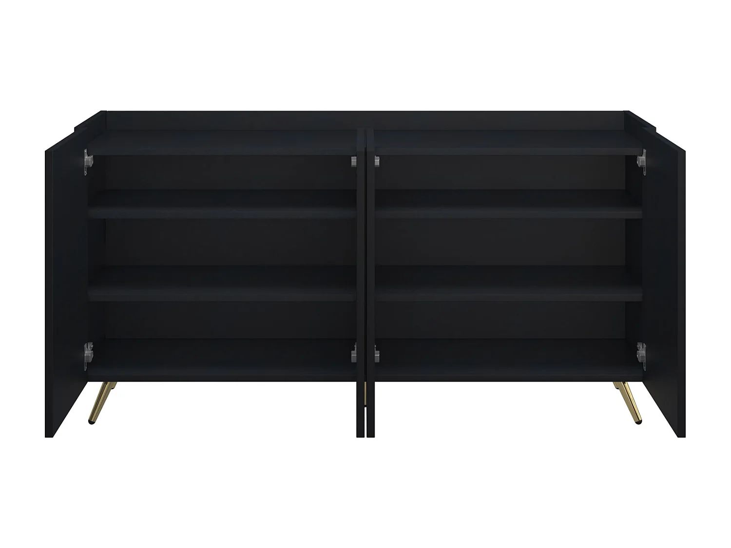 Buffet avec 4 portes - 160x38x80cm - avec étagères réglables et bandes métalliques dorées - armoire haute noir