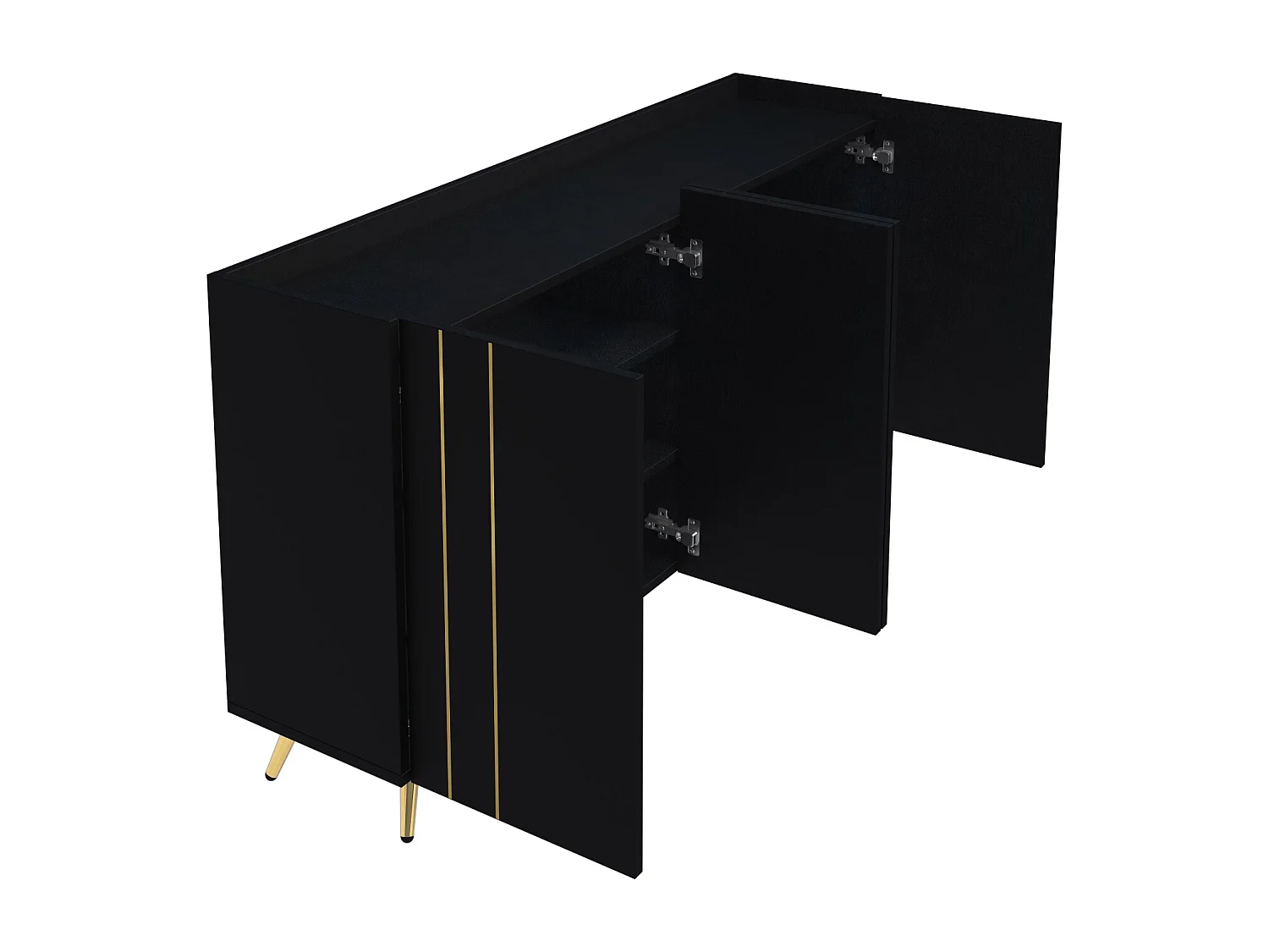 Buffet avec 4 portes - 160x38x80cm - avec étagères réglables et bandes métalliques dorées - armoire haute noir