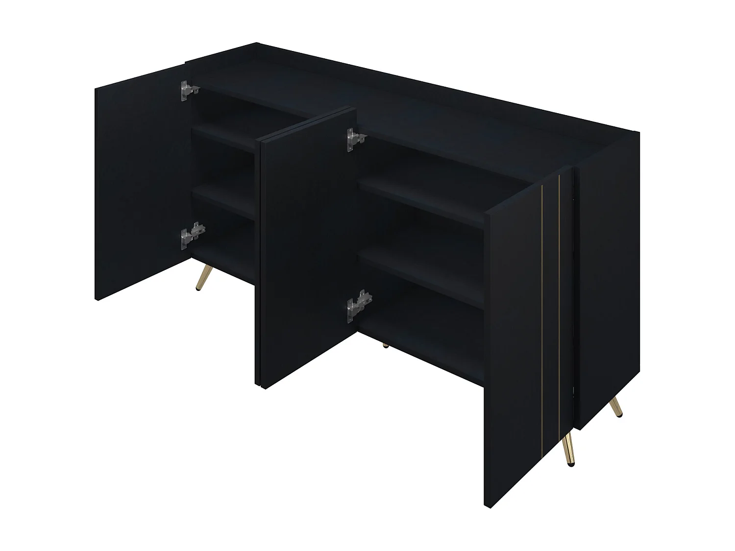 Buffet avec 4 portes - 160x38x80cm - avec étagères réglables et bandes métalliques dorées - armoire haute noir